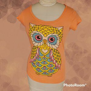 OP 100% Cotton T-shirt - Owl Graphic - Size M (7-9) - Peach Orange - Preowned